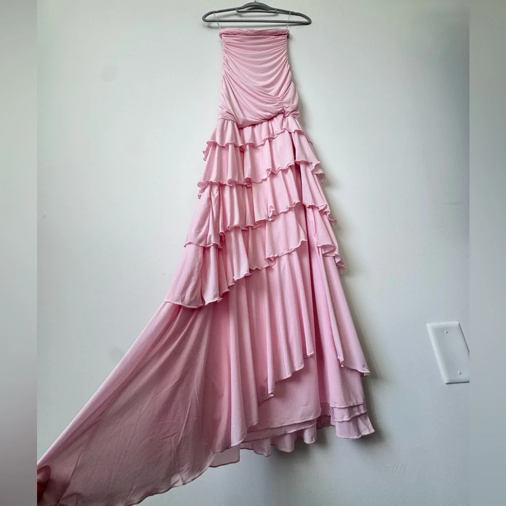 Oh Polly Hayami Bandeau Ruched Ruffle-Trim Maxi Dress in Blush - Size 2 - Picture 11 of 16